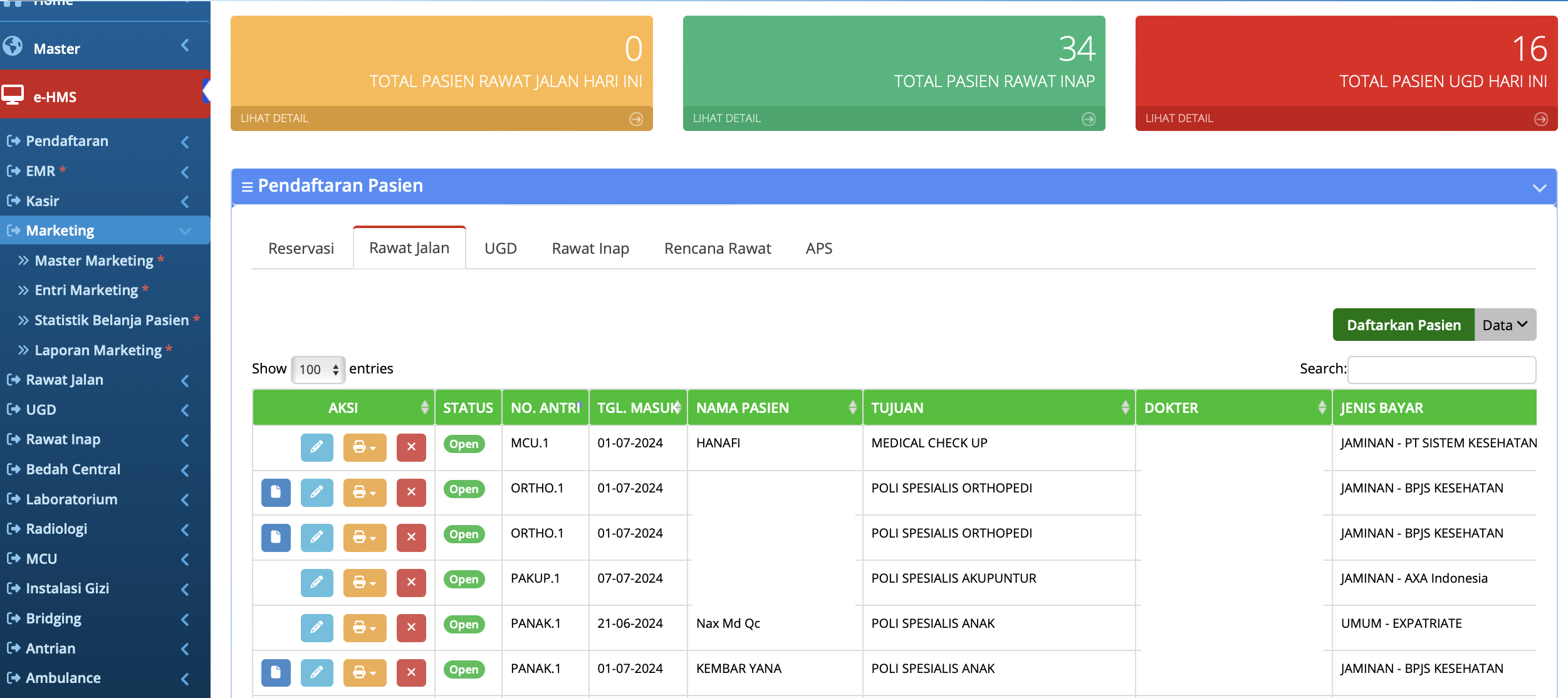 tampilan pendaftaran di Aplikasi software sistem informasi rumah sakit